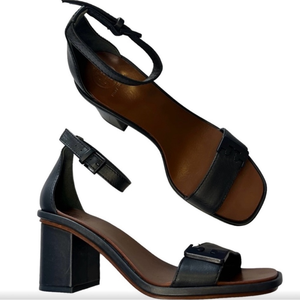 NEW TORY BURCH LEATHER BLOCK HEEL STRAPPY SLINGBACK SANDALS navy size 7